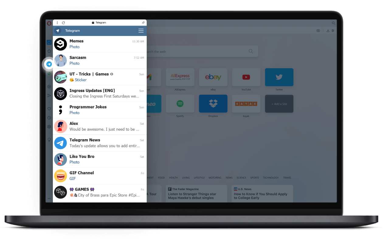 
    
        Telegram messenger in Opera’s sidebar
    
