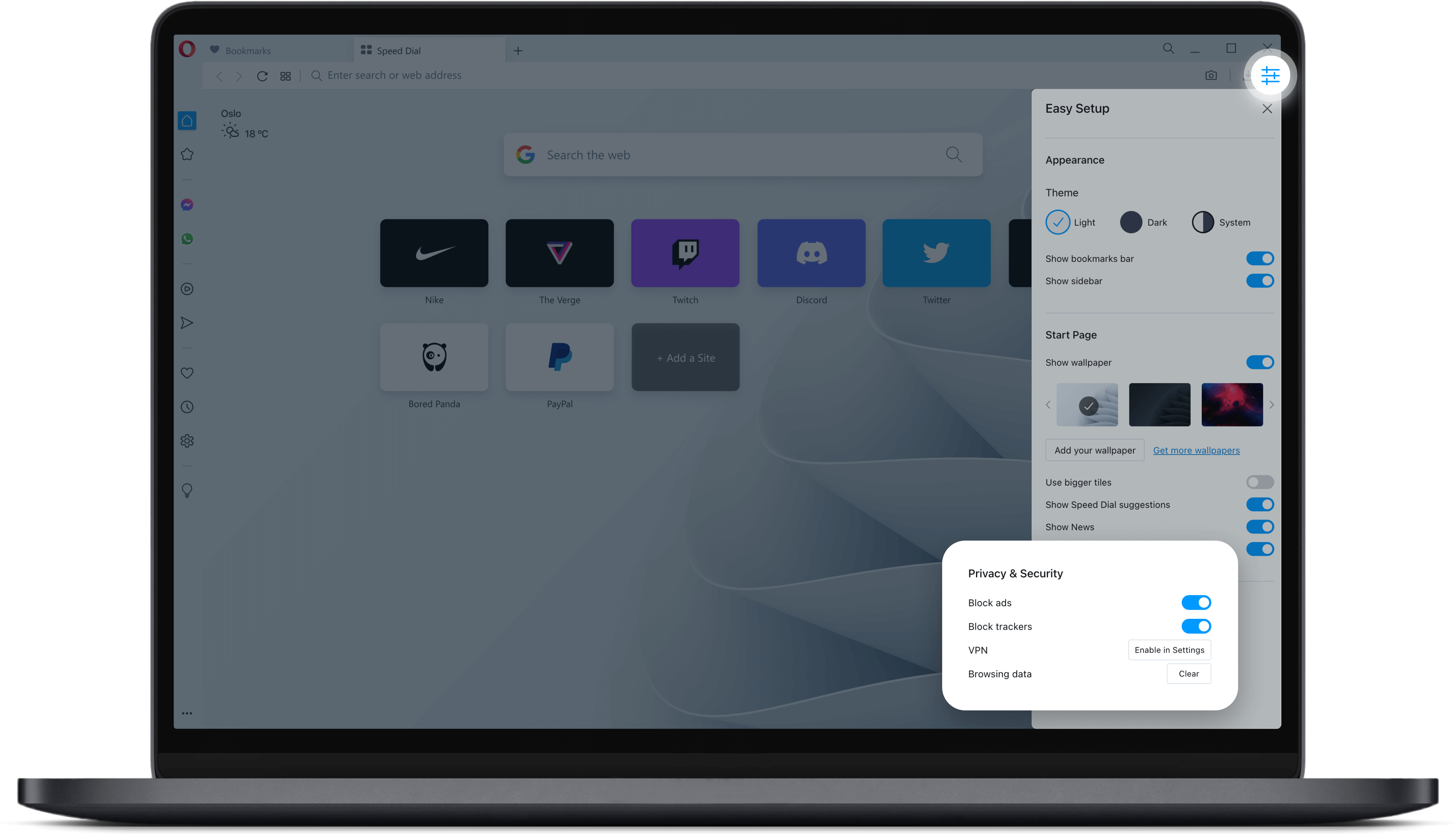 Use the Easy setup panel for easy access